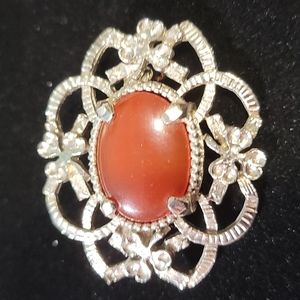 Carnelian Silver Brooch Adorned With 4 Clovers